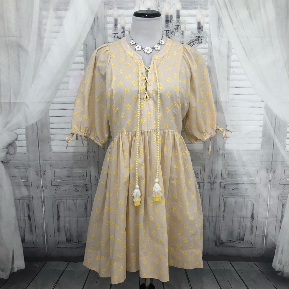 Chelsea & Violet Large Dress Yellow Floral Cotton Short Sleeve Tassels V Neck - Picture 2 of 11